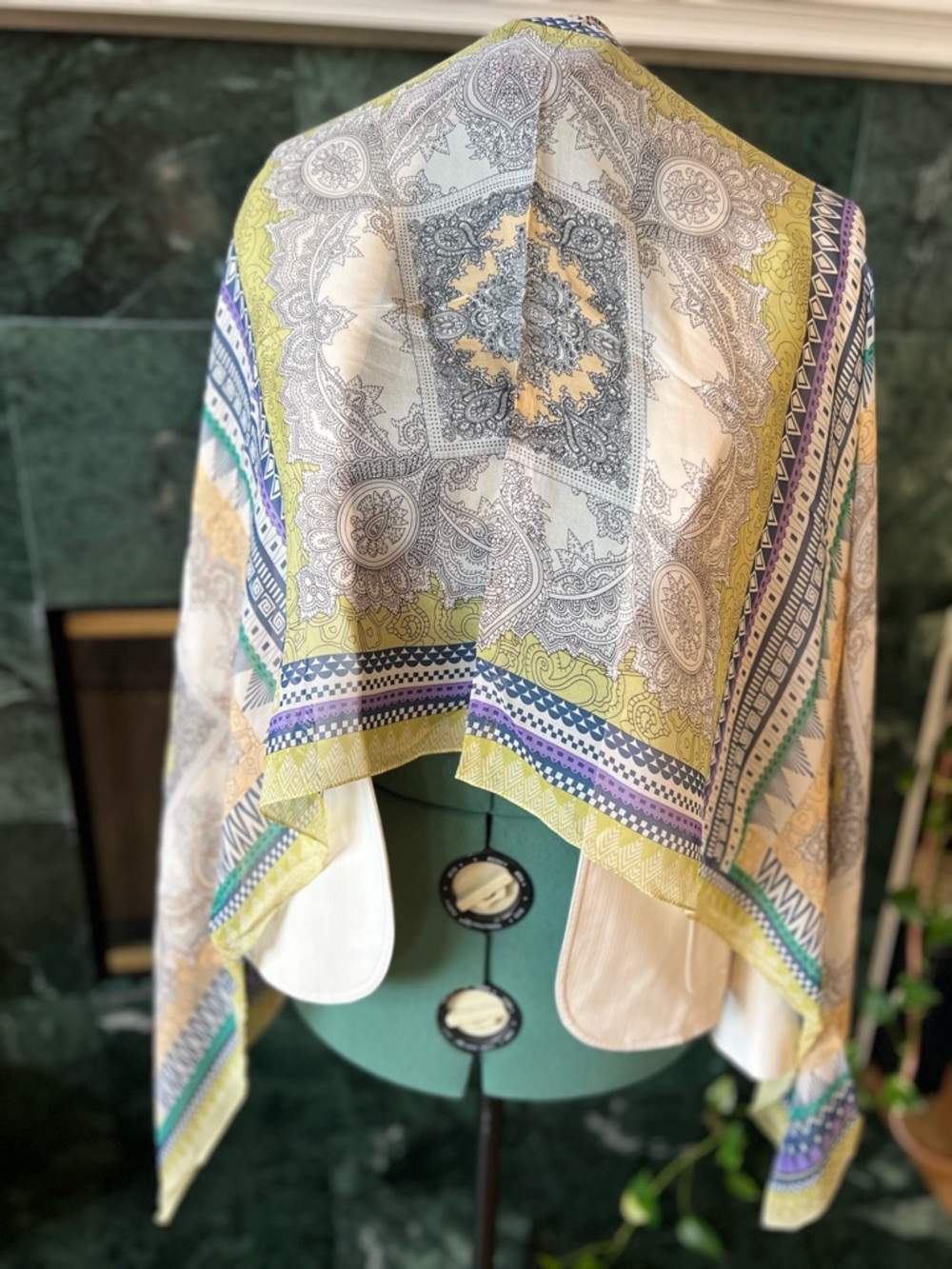 Renoma Paris Silk Long Scarf 66" Oblong Stole Paisley Geometric Print Gorgeous